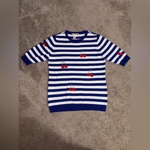 Madison top blue and white striped three quarter sleeves and embroidered cherry